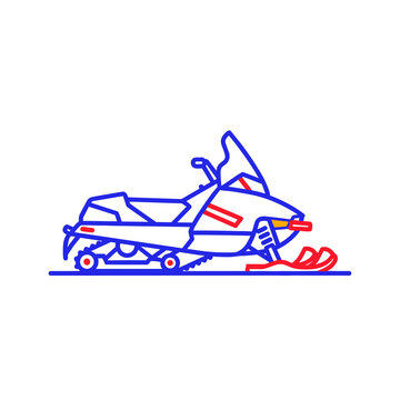 Minimalist snowmobile vector icon with blue and red line art