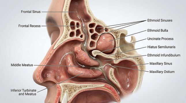 3D Photorealistic Complete Human Ostiomeatal Complex Anatomy with Frontal Maxillary Ethmoid Drainage Pathways