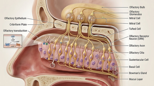 3D Photorealistic Complete Human Olfactory Neuroepithelium Anatomy with Receptor Neurons Cilia and Bulb