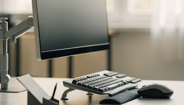 Ergonomic computer workstation featuring an adjustable monitor arm, split keyboard, mouse, document holder, organized desktop, and comfortable arrangement for professional computer work.