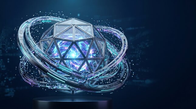 Futuristic fusion reactor core with glowing plasma energy. Sci-fi geodesic sphere with rotating metallic rings. High-tech power source concept.