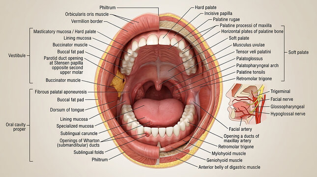 3D Photorealistic Complete Human Oral Cavity Anatomy with Lips Cheeks Palate Floor and Salivary Ducts