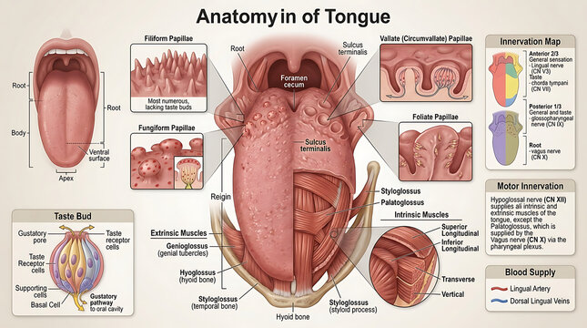 3D Photorealistic Complete Human Tongue Anatomy with Muscles Papillae Taste Buds and Innervation