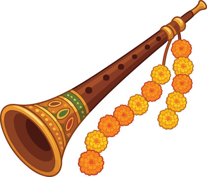 Traditional Indian Shehnai Musical Instrument Decorated with Marigold Flowers for Wedding