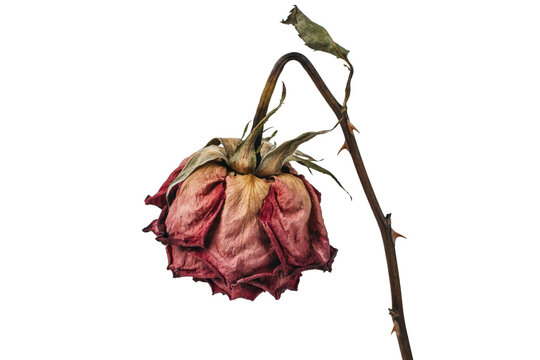 A single withered red rose with drooping petals and thorny stem on a white background, isolated on a, transparent background