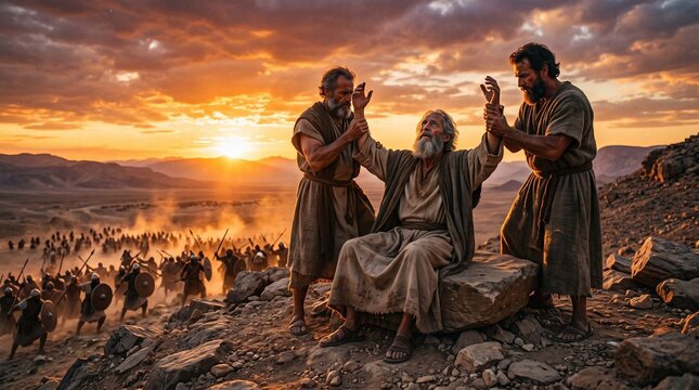 Aaron and Hur Supporting Moses Raised Arms During Battle with Amalek