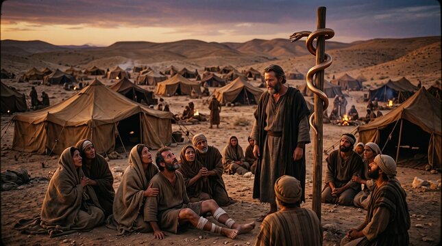 Moses Raising the Bronze Serpent for Healing in Desert Encampment