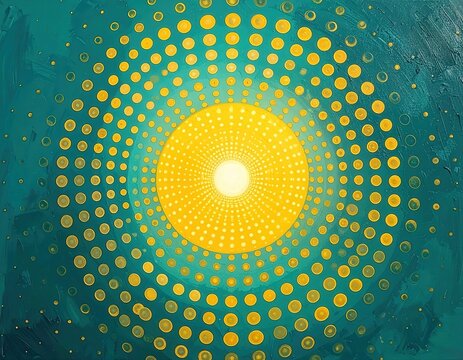 An abstract painting with a vibrant yellow sunburst radiating outward with concentric circles of yellow dots on a teal background.
