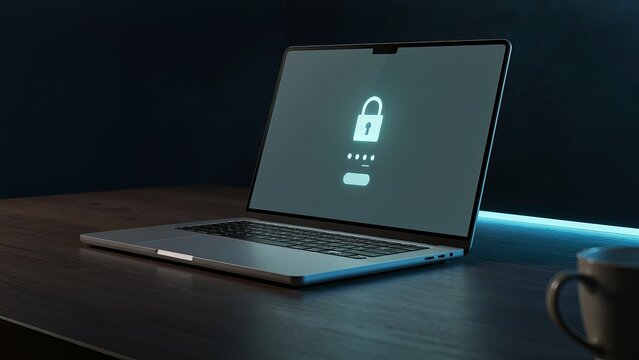 Laptop computer sitting on a wooden desk displays a secure login prompt with a lock symbol.