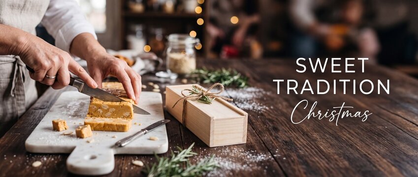 Christmas Nougat Slicing Traditional Dessert prepared on wooden table for holiday gift celebration with cozy rustic baking kitchen banner background sweet festive almond turron food preparation.