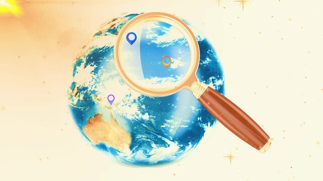 Magnifying glass moving across a rotating planet earth with colorful location pins on background with various location markers scanning over rotating video magnifying rotating globe international