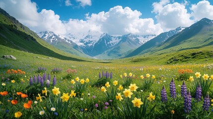 Obraz premium Beautiful mountain landscape with green valley, colorful wildflowers. Yellow daffodils, purple lupines, orange poppies grow in meadow. Snow capped peaks under blue sky with white clouds. Scenic