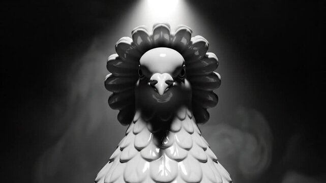 Black and white ceramic pigeon statue with unique feathered detailing and bright focused light