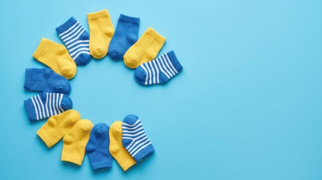 Baby socks arranged in a circle on a blue background