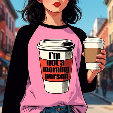 Woman holds coffee cup with text Im not a morning person. Female wears pink shirt with large cup graphic. She walks in city street on a sunny day.