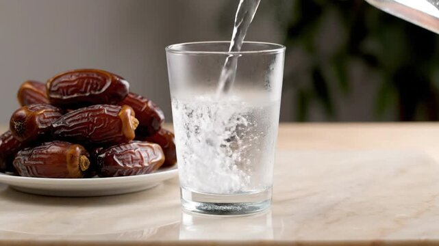 Water pouring into glass with dates for Ramadan Iftar