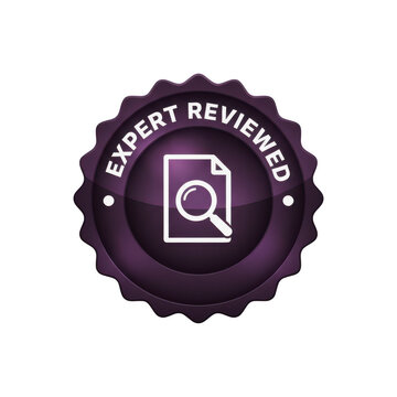 Purple circular badge with expert reviewed text and a document icon with a magnifying glass for quality check