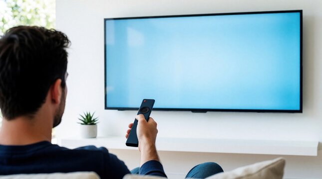 Man with remote control in hand aims at blank TV screen. Person sits on sofa in modern living room watching television. Indoors leisure and entertainment setup. Green plant on shelf.