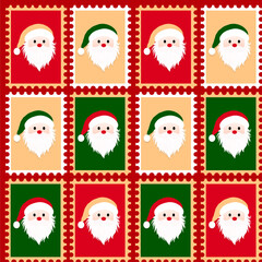 Fototapeta premium Festive Christmas design featuring Santa Claus portraits in red and green postage stamp frames, ideal for holiday cards, wrapping paper and seasonal crafts.