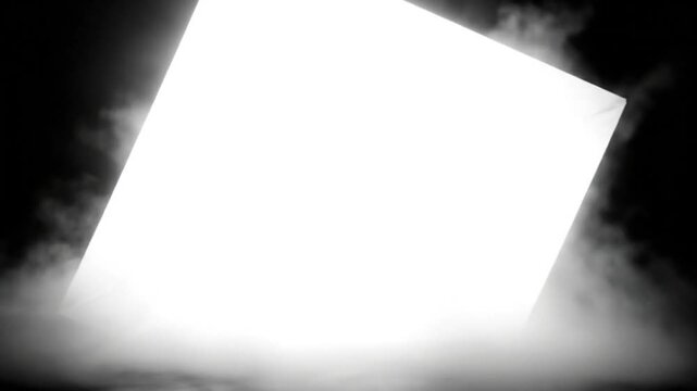 Bright illuminated glowing square with vapor floating in darkness creating a dramatic backdrop scene