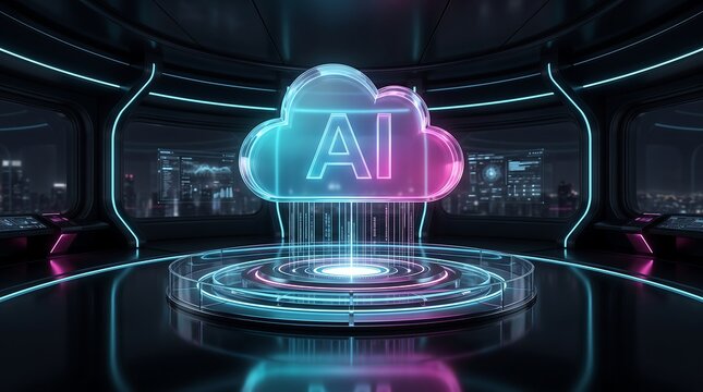 Futuristic glowing cloud computing interface with data storage and global network connections floating in high tech server room environment representing advanced technology systems