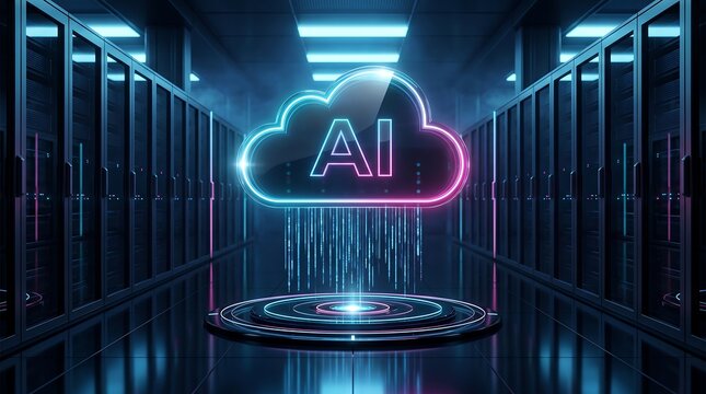 Neon cloud computing logo floating in server room aisle with data storage racks symbolizing global connectivity and futuristic IT infrastructure for cloud service provider companies