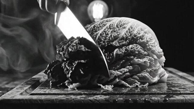 Savoy cabbage being sliced with a sharp knife on a wooden cutting board with steam in monochrome