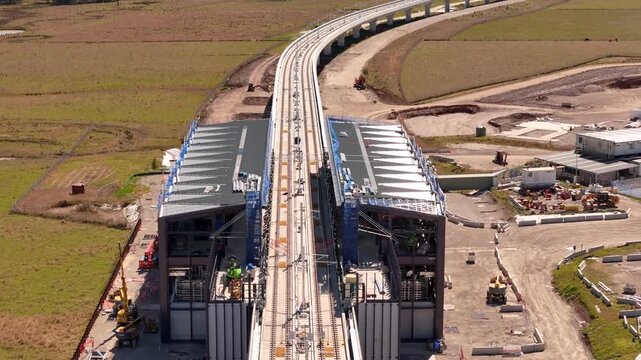 Aerial drone view of the construction site of the new metro station at Luddenham in Western Sydney, NSW Australia on a sunny day in September 2026  