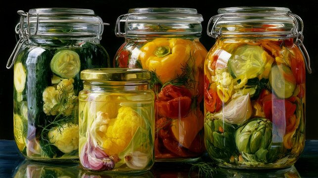 Colorful jars filled with assorted pickled vegetables, showcasing vibrant textures and natural ingredients in a rustic kitchen setting