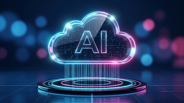 Futuristic cloud computing concept with glowing artificial intelligence symbol floating above digital server platform representing global data storage and high speed cloud connectivity
