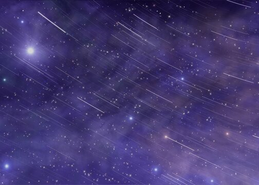 流れ星と長い光の軌跡が描く神秘的な星空、紫色の宇宙背景