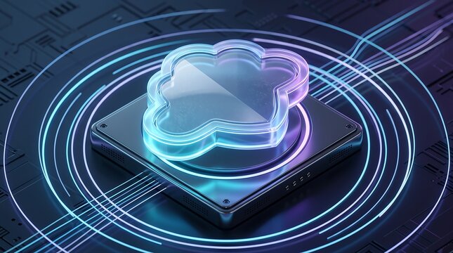 Futuristic cloud storage icon glowing with blue light on top of a high tech server platform for data management and digital infrastructure concepts in modern enterprise computing
