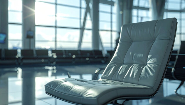 Modern Airport Lounge Seating: A solitary, stylish white leather lounge chair sits empty in a sunlit, contemporary airport terminal.
