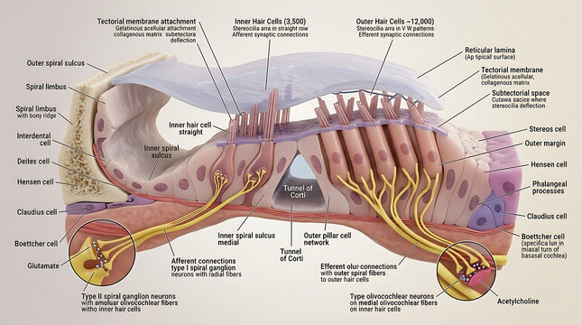 3D Photorealistic Complete Human Organ of Corti Anatomy with Hair Cells Supporting Cells Tectorial Membrane and Innervation