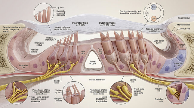 3D Photorealistic Complete Human Organ of Corti Anatomy with Hair Cells Supporting Cells Tectorial Membrane and Innervation