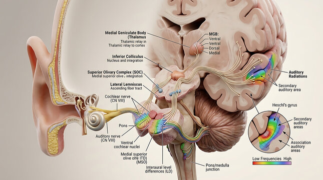 3D Photorealistic Complete Human Auditory Pathway Anatomy with Nuclei Lemniscus Colliculus Geniculate and Cortex