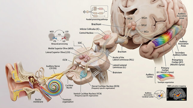 3D Photorealistic Complete Human Auditory Pathway Anatomy with Nuclei Lemniscus Colliculus Geniculate and Cortex