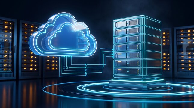Advanced cloud computing server rack with a glowing cloud icon and network connections representing data storage and enterprise infrastructure solutions for modern digital systems
