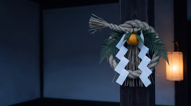 Japanese New Year shimekazari straw decoration on a wooden pillar
