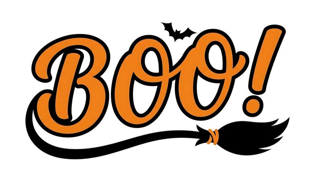 Vintage halloween illustration with the word boo and a witch's broom