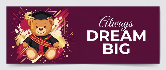 Fototapeta premium Graduation teddy bear banner vector wearing mortarboard cap and gown with paint splash background for celebration greeting banner with inspiring motivational typography always dream big quote concept