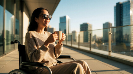 Obraz premium Stylish young woman in wheelchair sits on modern urban terrace. Smiles sipping hot coffee drink in morning sunlight. Happy female passenger enjoys city view, lifestyle relaxation in outdoor cafe