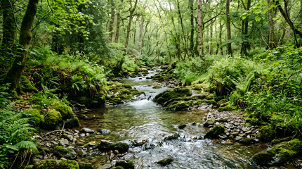 Fototapeta premium A peaceful stream flowing through a lush green forest with ferns and mossy rocks.