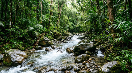 Fototapeta premium A beautiful clear mountain stream flowing through a lush green tropical rainforest.
