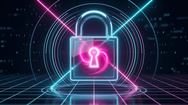 Glowing digital padlock icon representing advanced cybersecurity and secure data storage protocols with neon light waves and binary code streams against a dark high tech background