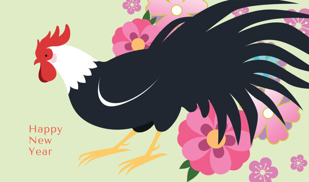 Zodiac Rooster with floral background. Lunar New Year 2029 greeting card template vector illustration.
