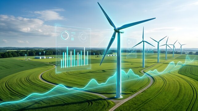 Field of wind turbines with glowing holographic charts and data connectivity lines representing smart renewable energy management and sustainable power technology