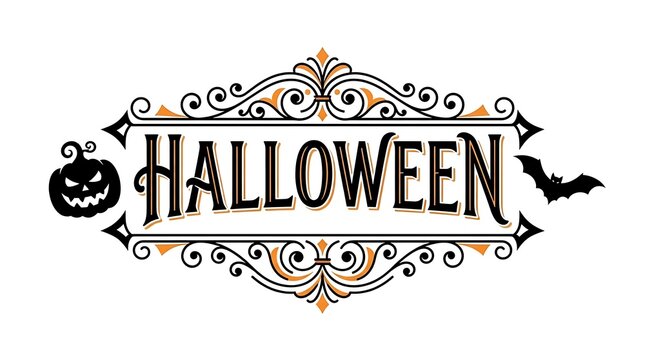 Vintage halloween design with ornate frame pumpkin and bat illustration