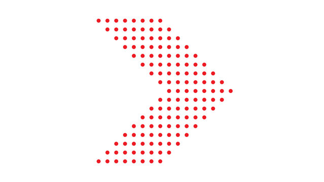Red chevron arrow pointing right composed of dotted pattern with directional sign geometric shape graphic element direction marker digital icon design element abstract shape isolated graph