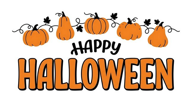 Festive happy halloween greeting with pumpkins and autumn leaves on a white background